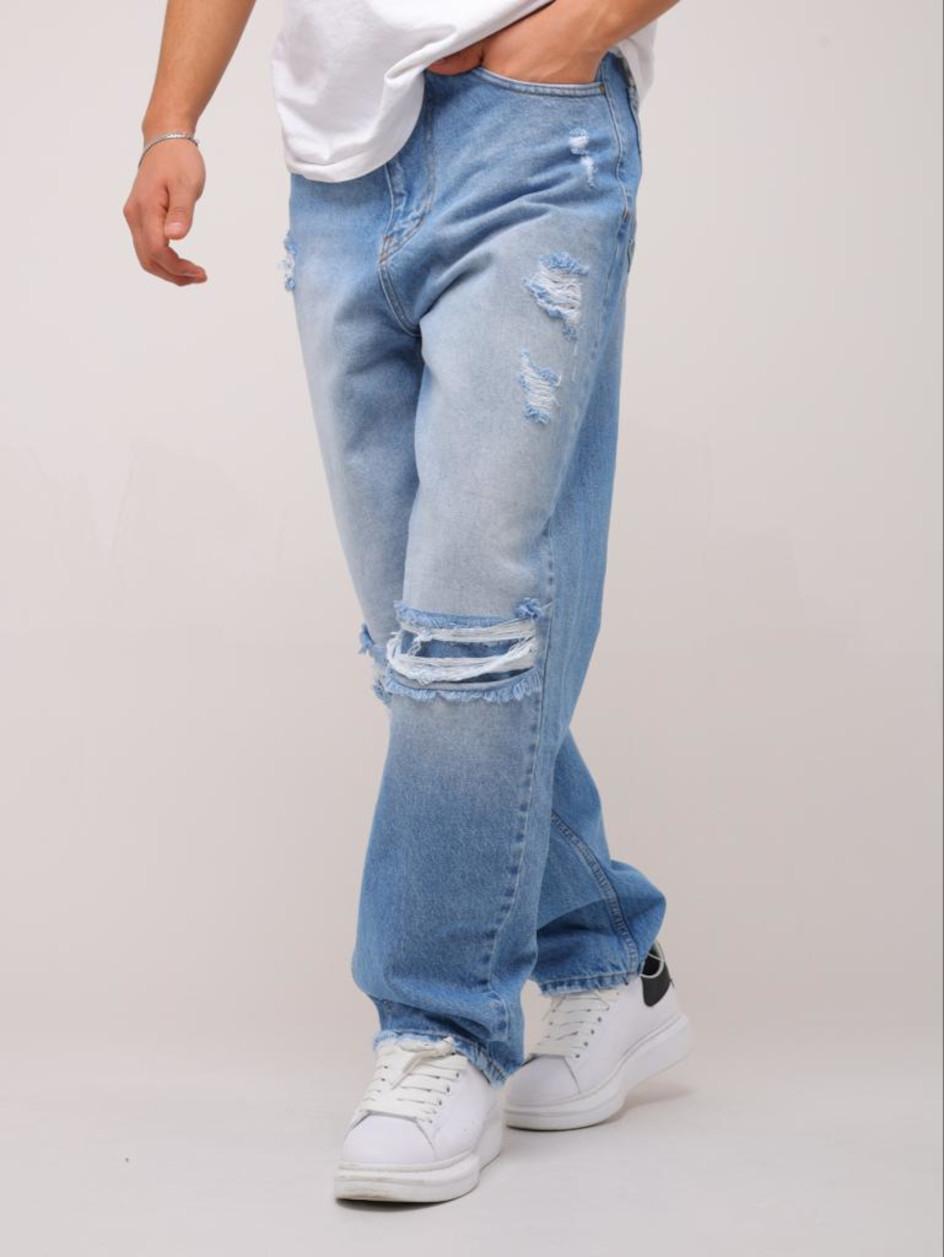 Szerokie Spodnie Jeansowe Baggy i8 Denim Niebieskie Damage