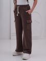 Spodnie Dresowe Damskie Brązowe Natural Side Leather Patch Pocket Cargo