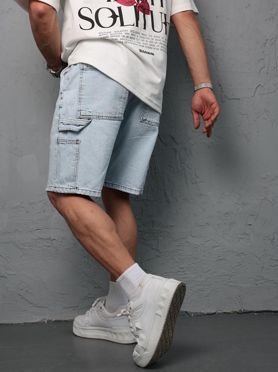 Spodenki Jeansowe Męskie Błękitne Sprane i8 Denim Worker Ragged