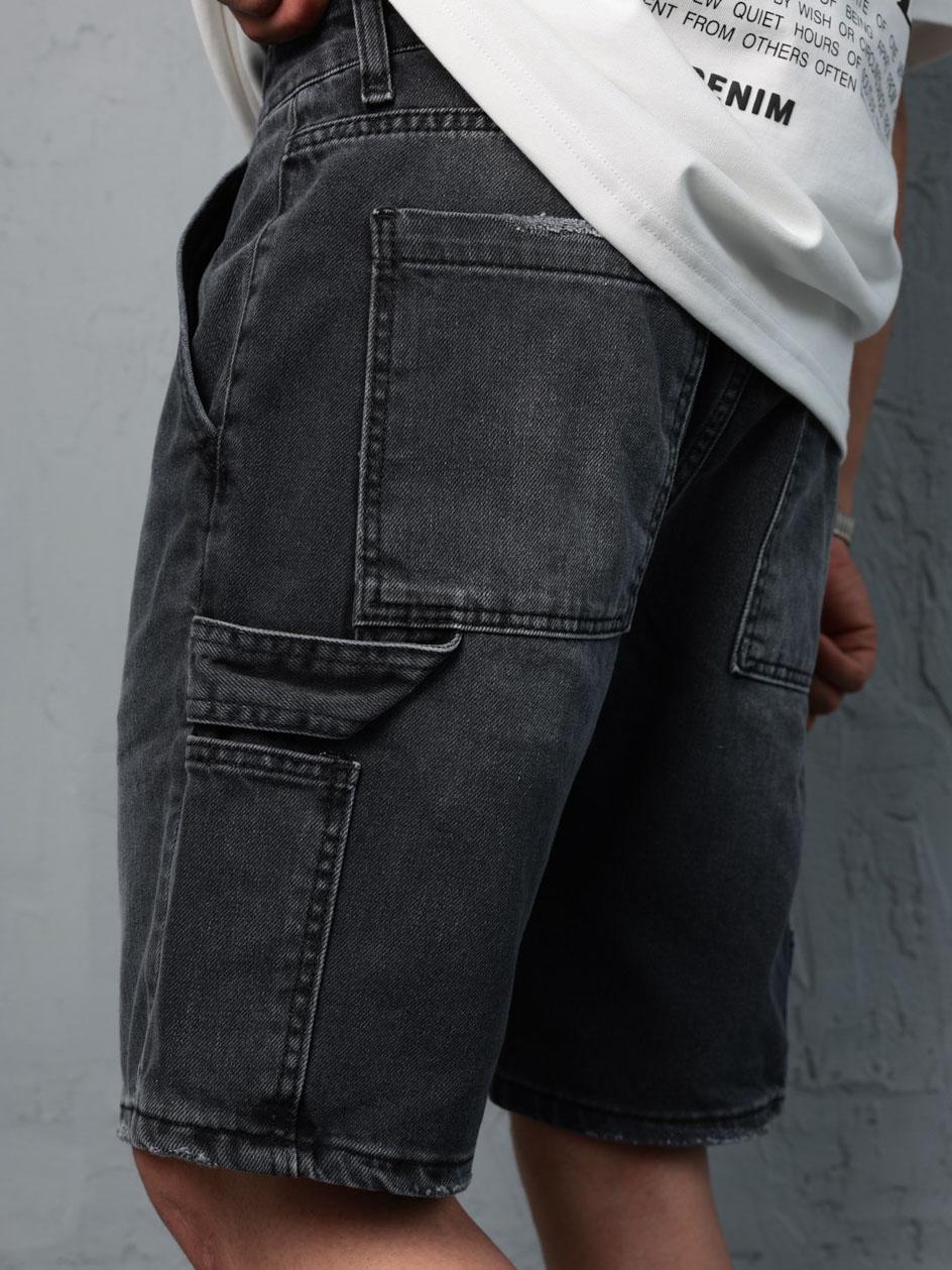 hi-yan⭐︎ Spodenki Jeansowe Męskie Czarne Sprane i8 Denim Worker Ragged