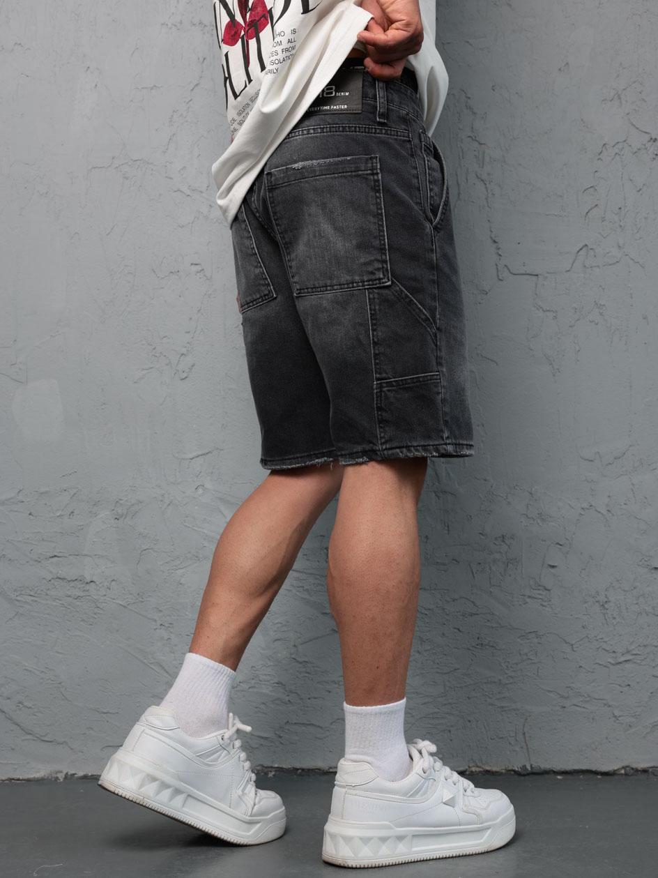Spodenki Jeansowe Męskie Czarne Sprane i8 Denim Worker Ragged