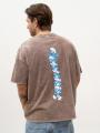 T-Shirt Oversize Męski Brązowy Acid Wash Smerfy Pickaback