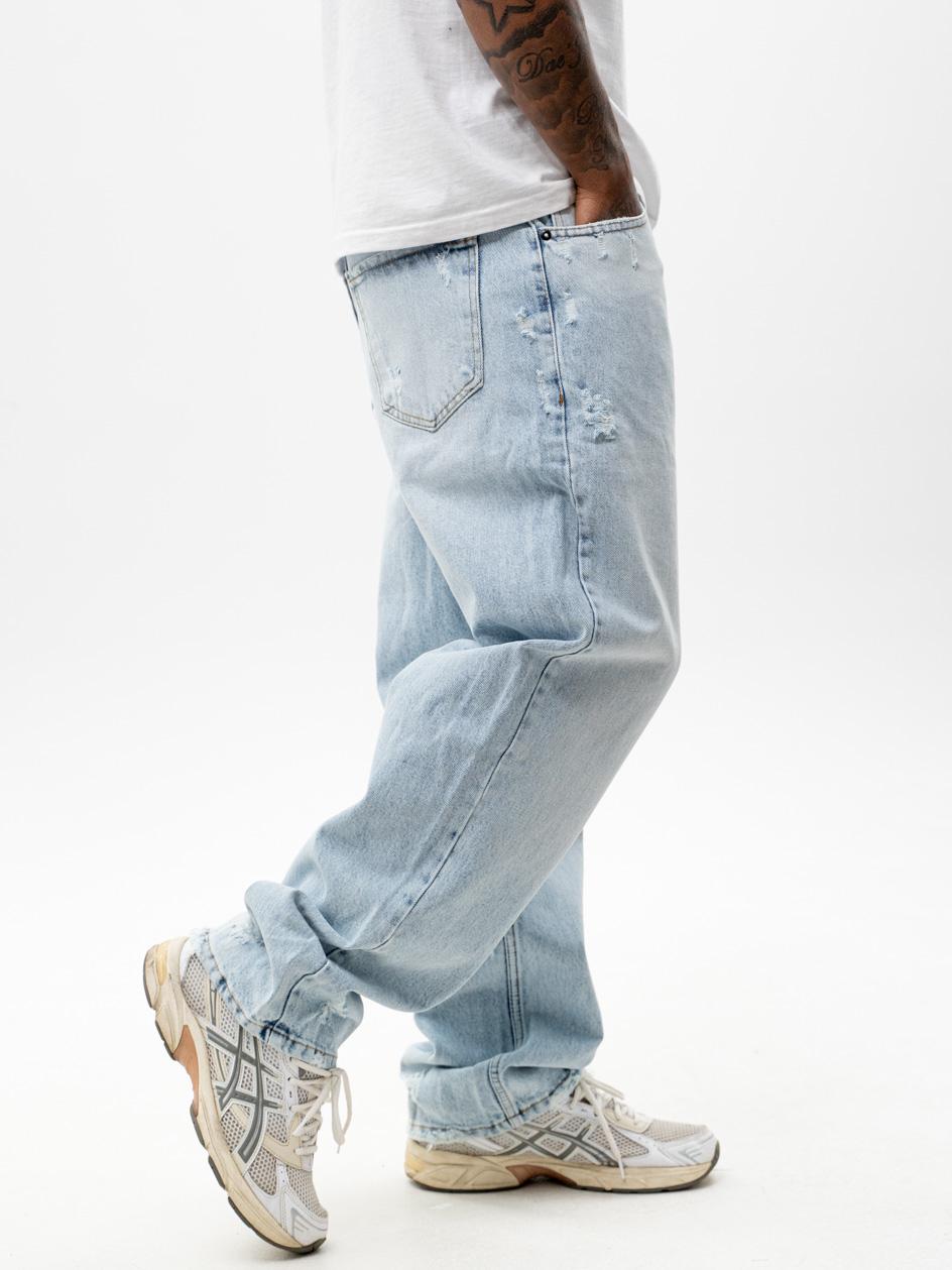 Spodnie Jeansowe Baggy Z Uszkodzeniami Męskie Błękitne Sprane i8