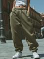 Spodnie Dresowe Baggy Damskie Khaki Jigga Wear Haft Logo Drawcord