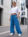 Spodnie Dresowe Baggy Damskie Chabrowe Niebieskie Jigga Wear Haft Logo Drawcord