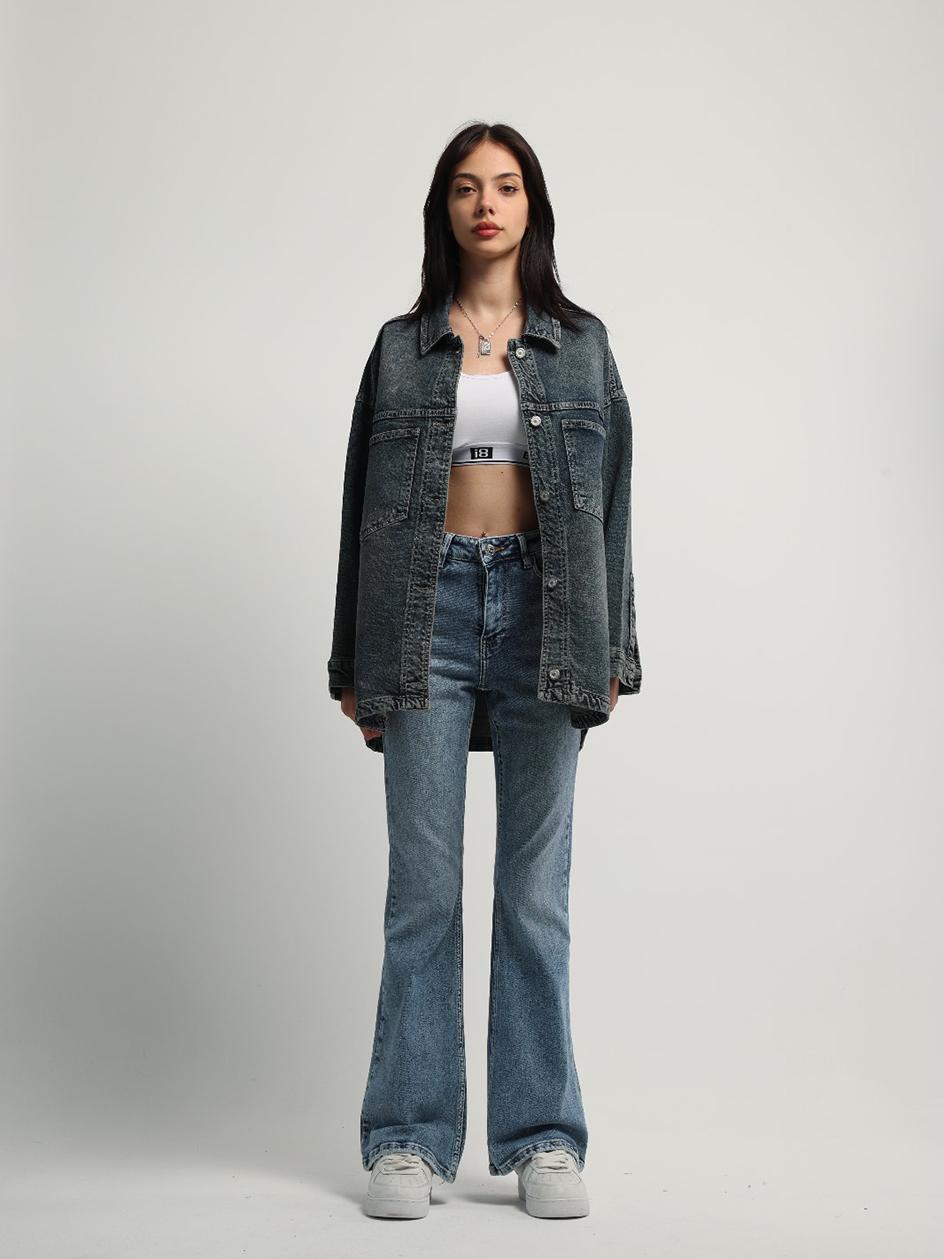 Kurtka Jeansowa Oversize Damska Ciemna Niebieska i8 Denim