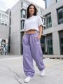 Spodnie Dresowe Baggy Damskie Ciemne Fioletowe Jigga Wear Haft Logo Drawcord
