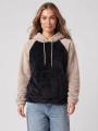 Bluza Z Kapturem Oversize Damska Czarna / Beżowa MyStars Sherpa Two Tone