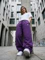 Spodnie Dresowe Baggy Damskie Ciemne Purpurowe Jigga Wear Haft Logo Drawcord