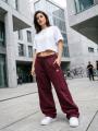 Spodnie Dresowe Baggy Damskie Ciemne Bordowe Jigga Wear Haft Logo Drawcord